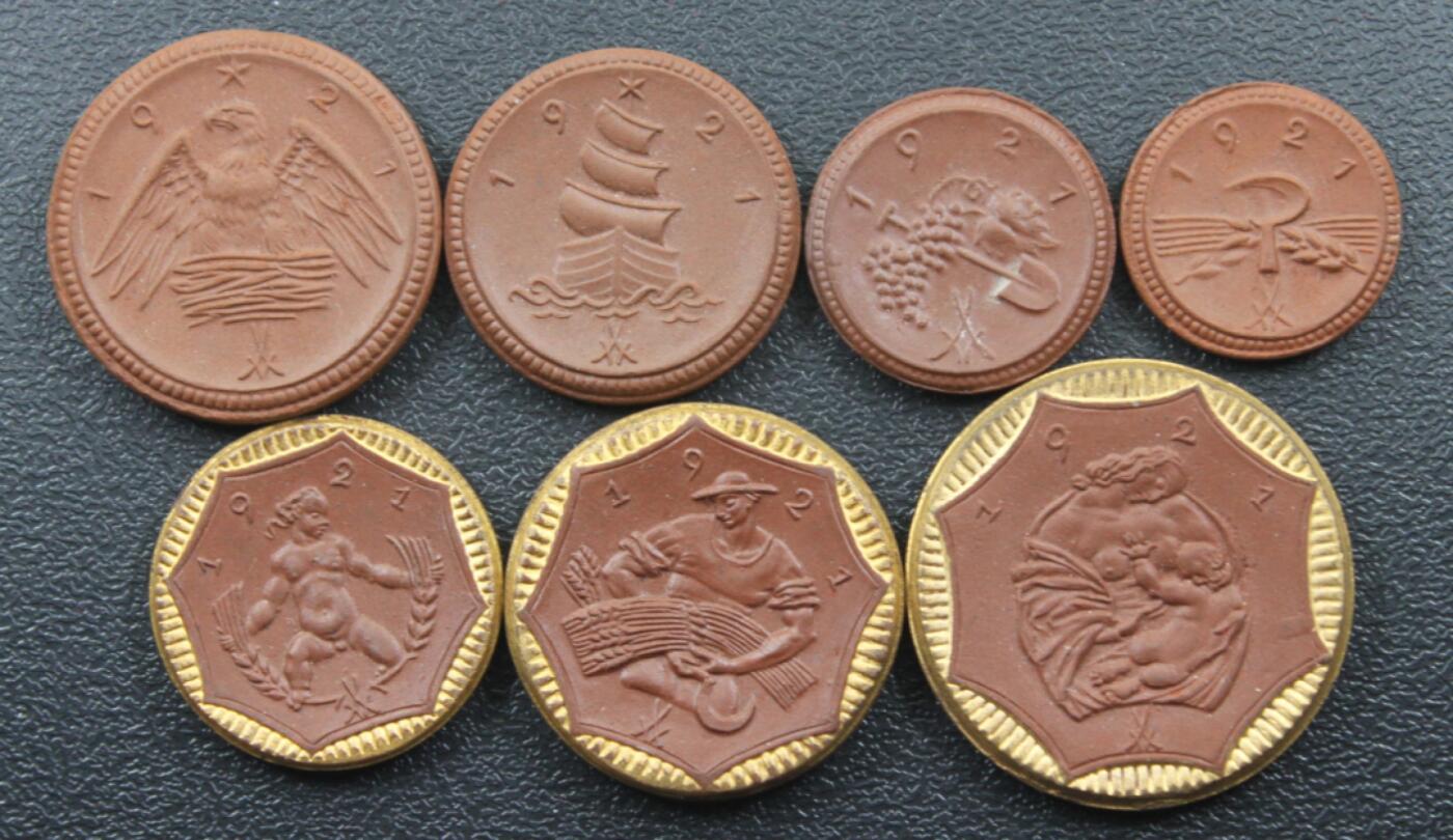 长老汇马年精选第十六场拍卖 1921德国撒克逊陶土代用币7枚套，含3枚镀金边