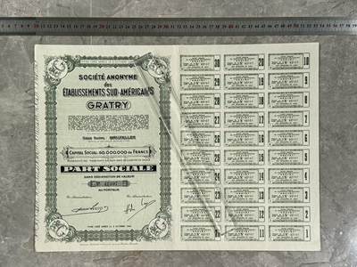 【乾奕收藏】比利时Société Anonyme des Établissements Sud-Américains Gratry南美洲格拉特里企业股份司1944年无记名股票，编号42107，500万法郎资本，74692股，附完整息票联1-30 - 【乾奕收藏】比利时Société Anonyme des Établissements Sud-Américains Gratry南美洲格拉特里企业股份司1944年无记名股票，编号42107，500万法郎资本，74692股，附完整息票联1-30