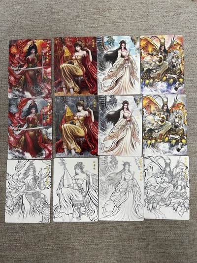 喜灰玩卡拍卖第七期，接拍品0佣金，欢迎送拍，释放现金流，让自己有资金可以购买更多喜欢的卡牌，让别的卡友能淘到更多心仪的卡牌 - 卡德曼 张建东水浒第二弹 精雕普卡 特卡一组12张 扈三娘、张贞娘、阎婆惜、仇琼英（原画、水墨、线稿）