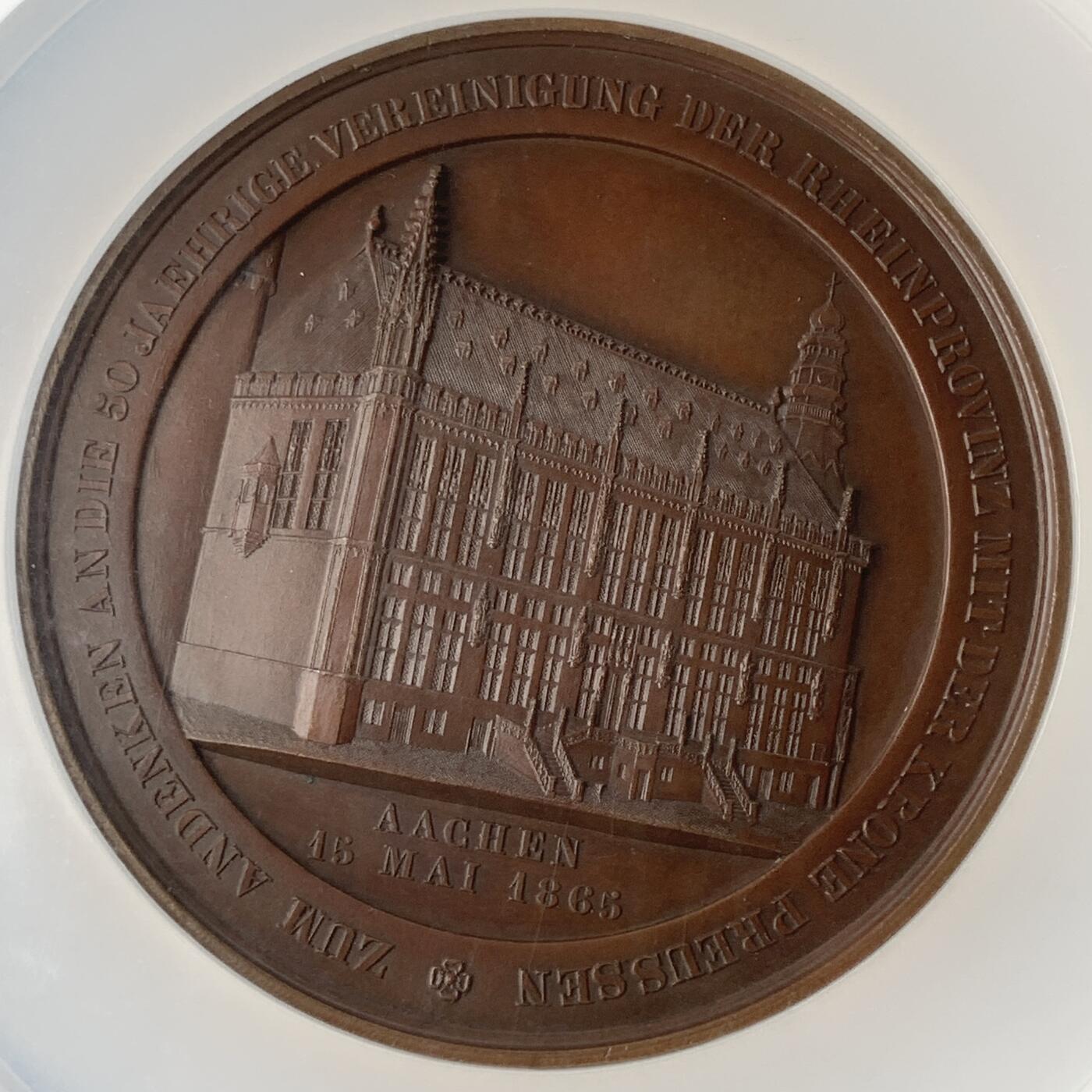 掌中浮雕-藏着的欧洲第057场 NGC MS64 : 1865年德国亚琛莱茵省并入普鲁士50周年纪念铜章, 70mm