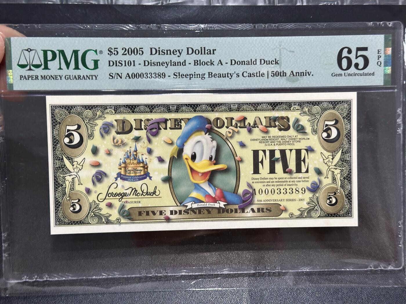 《外钞收藏家》第六百二十五期（精选场）（长期征集拍品、欢迎藏友们联系合作） 2005年迪斯尼钞5元 PMG65 A冠 无47