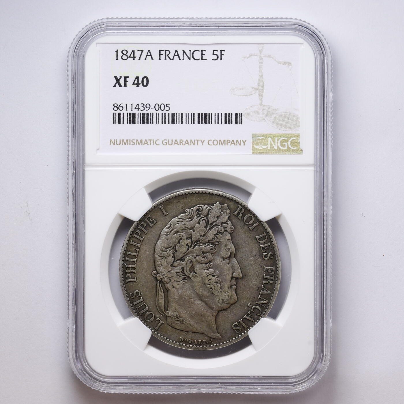 观钱 近现代机制币拍卖No.008（全场顺丰包邮，不区分偏远地区）  法国 1847 年法国路易・菲利普一世 5 法郎银币 NGC XF40 流通美品，人像细节完整，包浆自然，品相良好