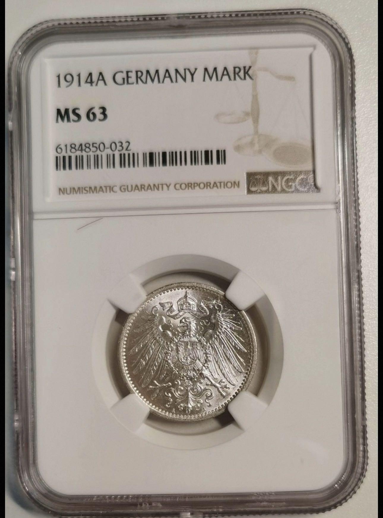 丙午马年四月第二场 。本期更新各类稀有品种 超级原光级别的德意志第二帝国1914年A厂1马克。据货主所言，是ngc给ms63不满意拆了壳子