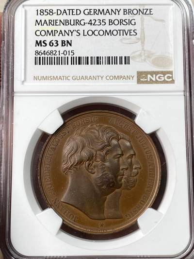 万国钱币拍卖第065期 - NGC MS63 1858年德国普鲁士威廉四世时期Borsig火车公司制造第1000台火车头纪念大铜章 正面为约翰·弗里德里希·奥古斯特·博尔西格和奥古斯特·朱利叶斯·阿尔伯特·博尔西格侧相 背面为精细的当时所设计的最先进火车头视图 非常少见 37MM 出自法兰克福老藏家集藏