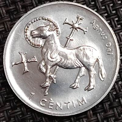 布加迪🐬～世界钱币(上海)🌾第 288 期 /  各国套币和散币 - 安道尔🇦🇩 1生丁 2002年 阿格努斯羔羊颂纪念币 27mm