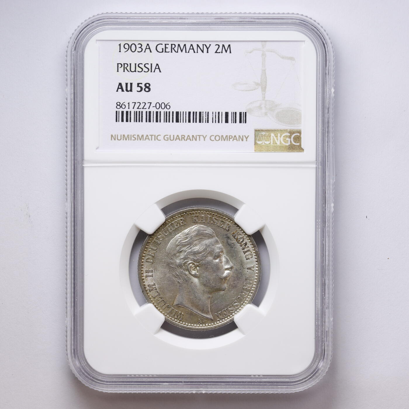 观钱 近现代机制币拍卖No.008（全场顺丰包邮，不区分偏远地区）  德国 1903A 普鲁士威廉二世 2 马克银币 NGC AU58 近未流通，人像细节完整，包浆自然，品相良好