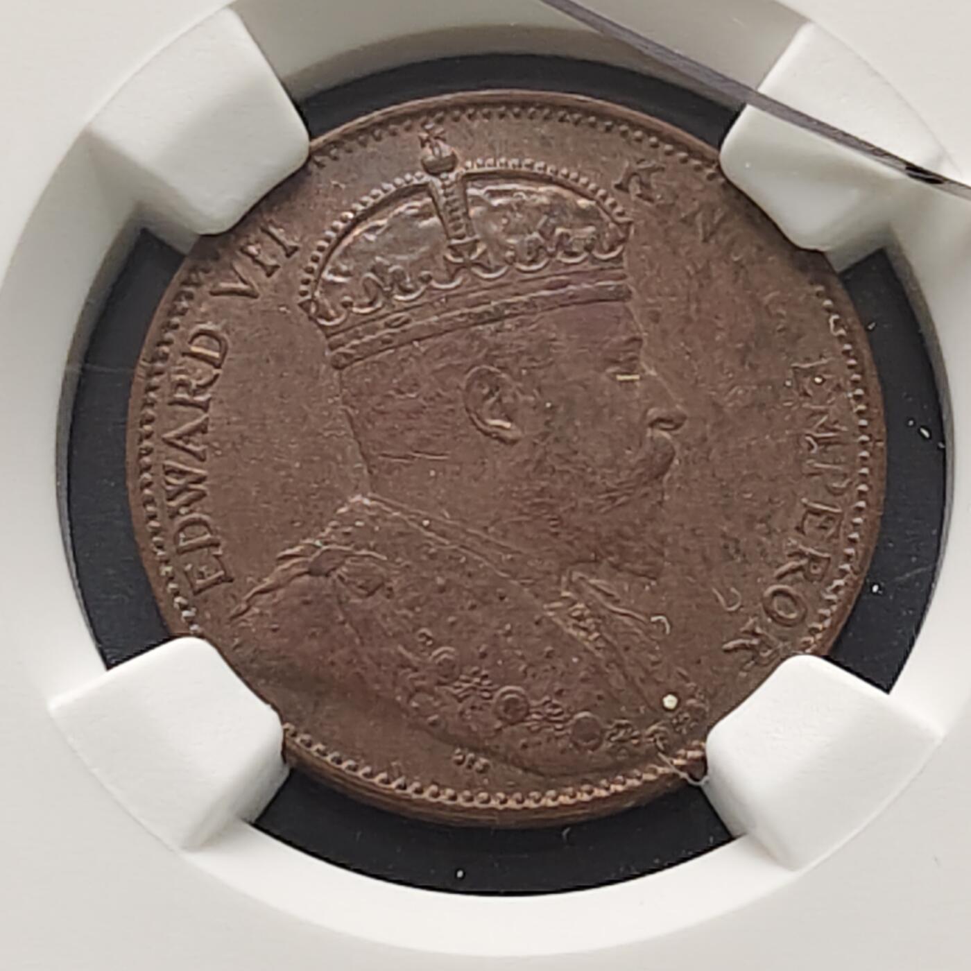 【全场包邮】纯粹捡漏拍519场 锡兰1909年爱德华七世1分大铜币-NGC UNC DETAILS（盒裂）