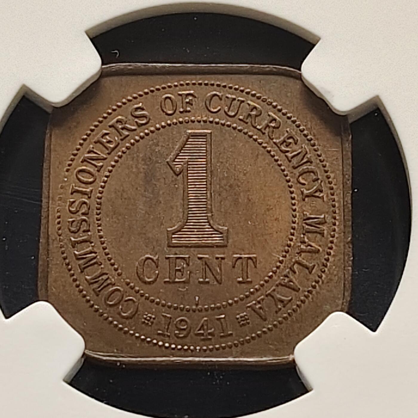 【全场包邮】纯粹捡漏拍519场 英属马来亚1941年乔治六世大版本（21毫米）1分方形铜币-NGC MS62 BN