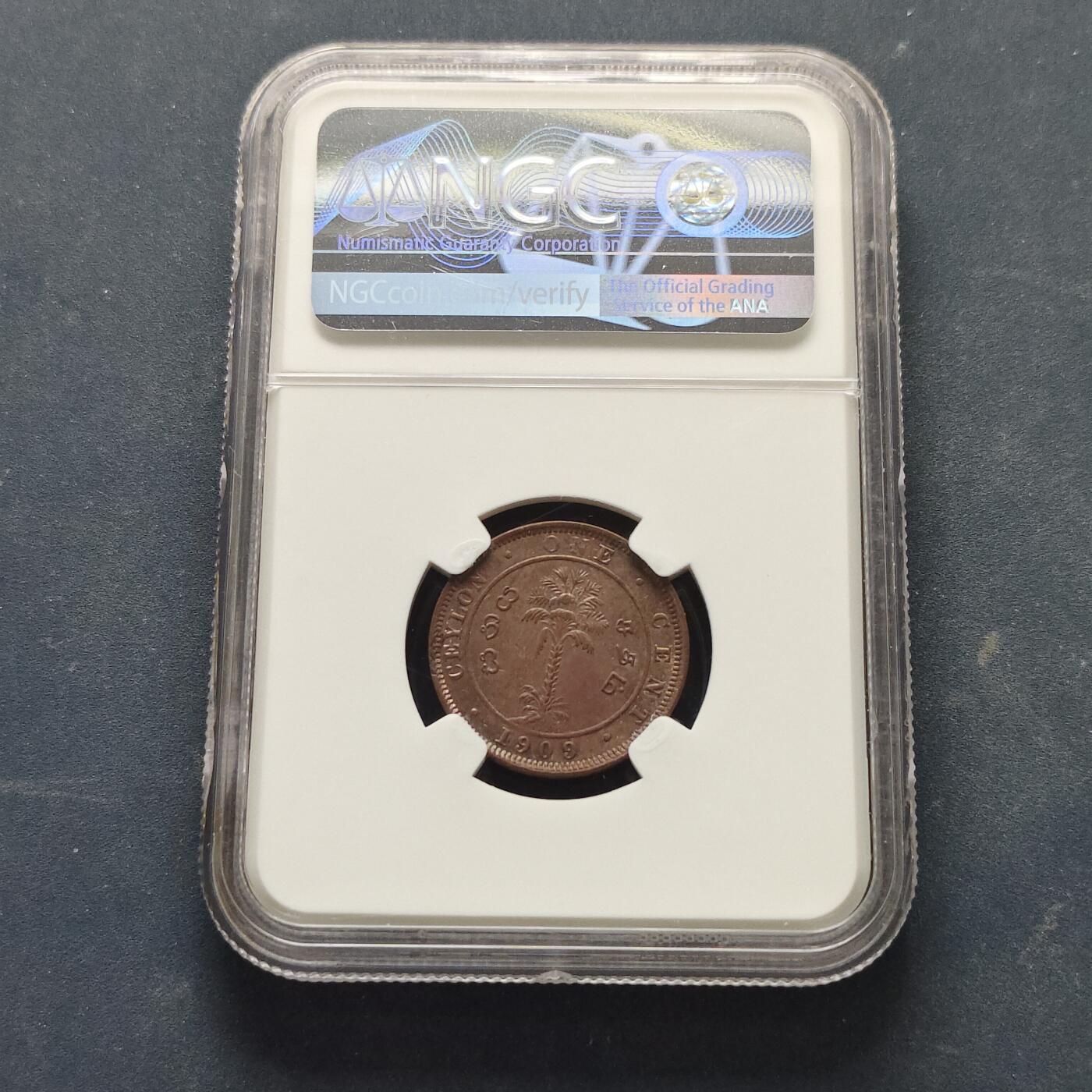 【全场包邮】纯粹捡漏拍519场 锡兰1909年爱德华七世1分大铜币-NGC UNC DETAILS（盒裂）