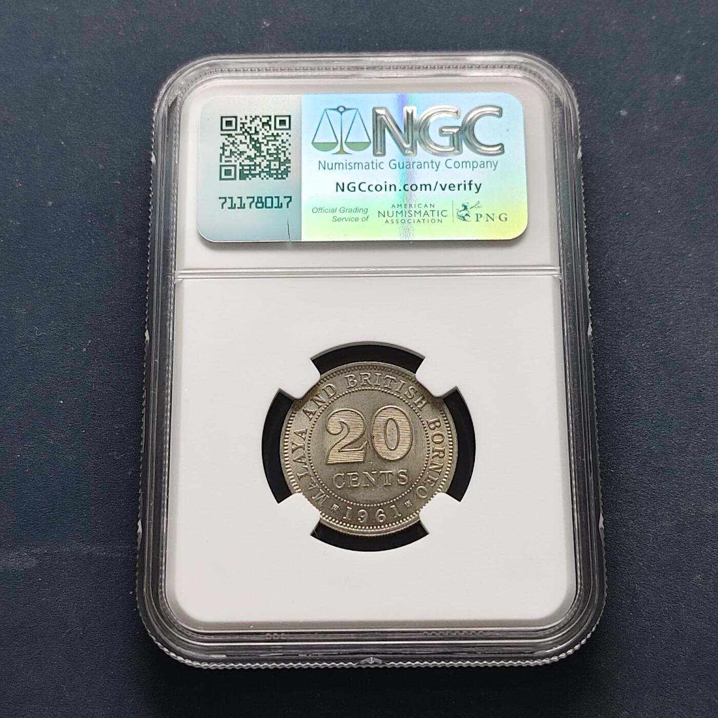 【全场包邮】纯粹捡漏拍519场 马来亚和英属北婆罗洲1961年女王20分-NGC MS63