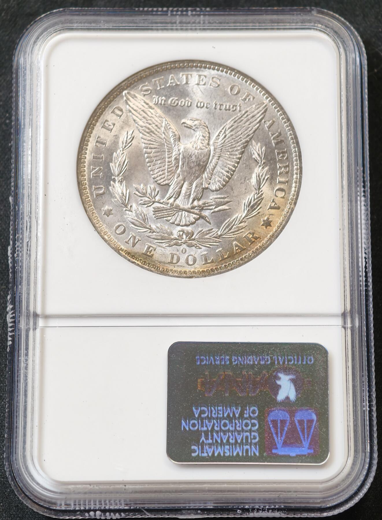 甄臻铺-世界币章拍卖（第59期），甄品场拍品征集中，送拍享返佣金等优惠多多 NGC-MS64 1883年美国O版摩根，老盒子手感很好，年份不多见，淡淡彩虹包浆