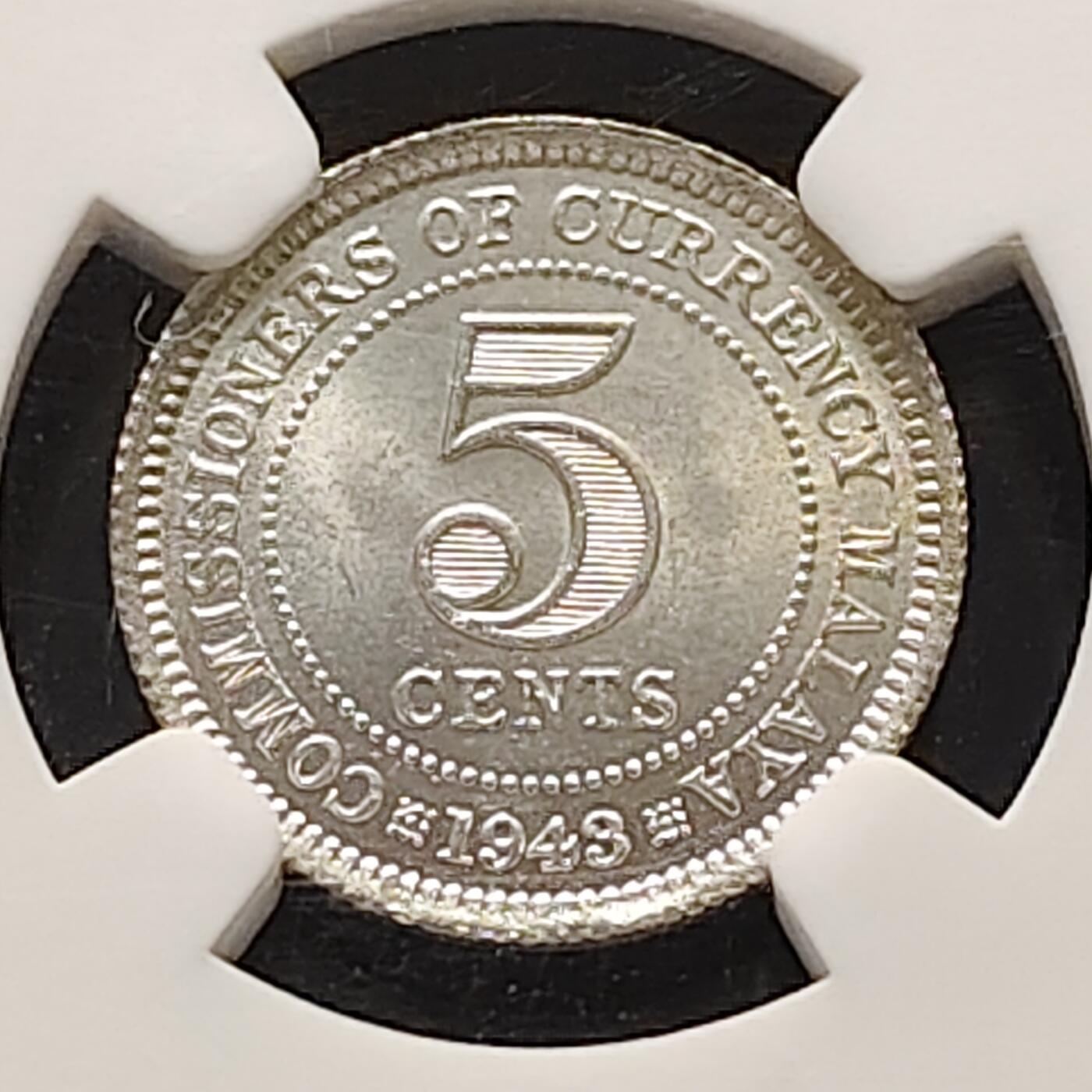 【全场包邮】纯粹捡漏拍519场 英属马来亚1943年乔治六世50%低银版5分银币-NGC MS64