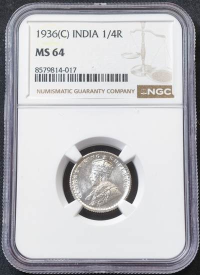 甄臻铺-世界币章拍卖（第59期），甄品场拍品征集中，送拍享返佣金等优惠多多 - NGC-MS64 1936年英属印度乔治五世1/4卢比，卷拆