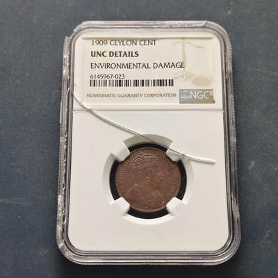 【全场包邮】纯粹捡漏拍519场 - 锡兰1909年爱德华七世1分大铜币-NGC UNC DETAILS（盒裂）