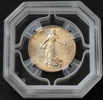 甄臻铺-世界币章拍卖（第59期），甄品场拍品征集中，送拍享返佣金等优惠多多 - GENI-MS65 法国 1914-C 2法郎 银币 金色包浆