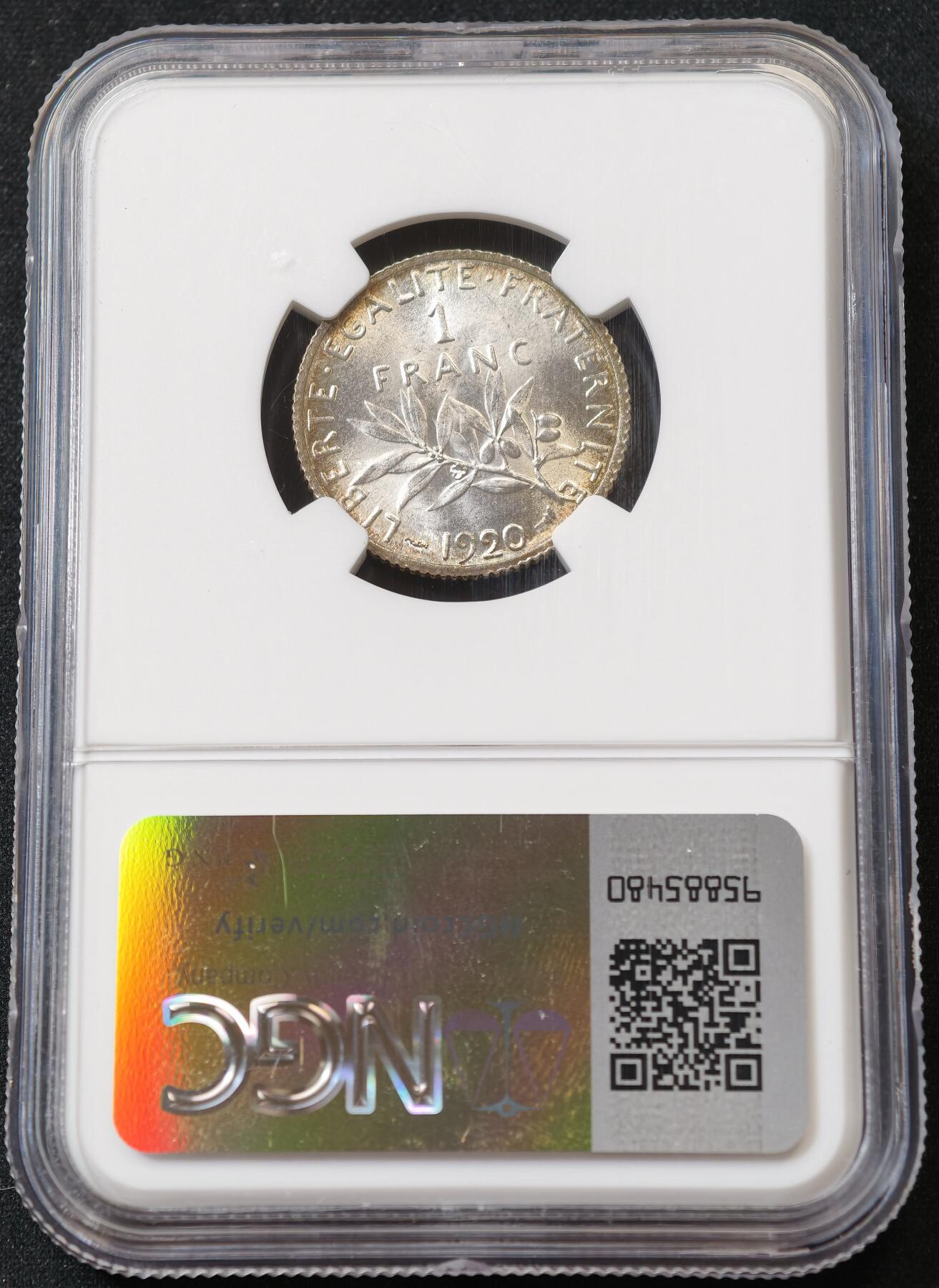 甄臻铺-世界币章拍卖（第59期），甄品场拍品征集中，送拍享返佣金等优惠多多 NGC-MS64 法国 1920年 1法郎 银币 转光强烈
