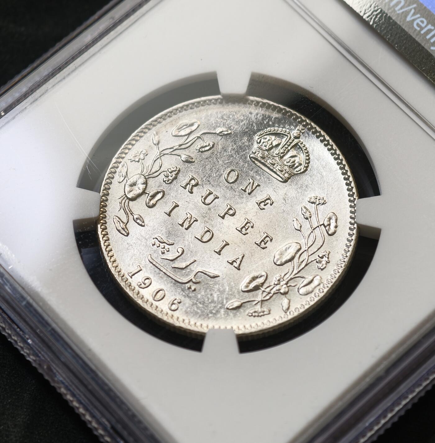 甄臻铺-世界币章拍卖（第59期），甄品场拍品征集中，送拍享返佣金等优惠多多 NGC-MS62 1906年爱德华七世英属印度卢比，爱德华七世的卢比很少见，MS的更难找，少见品种