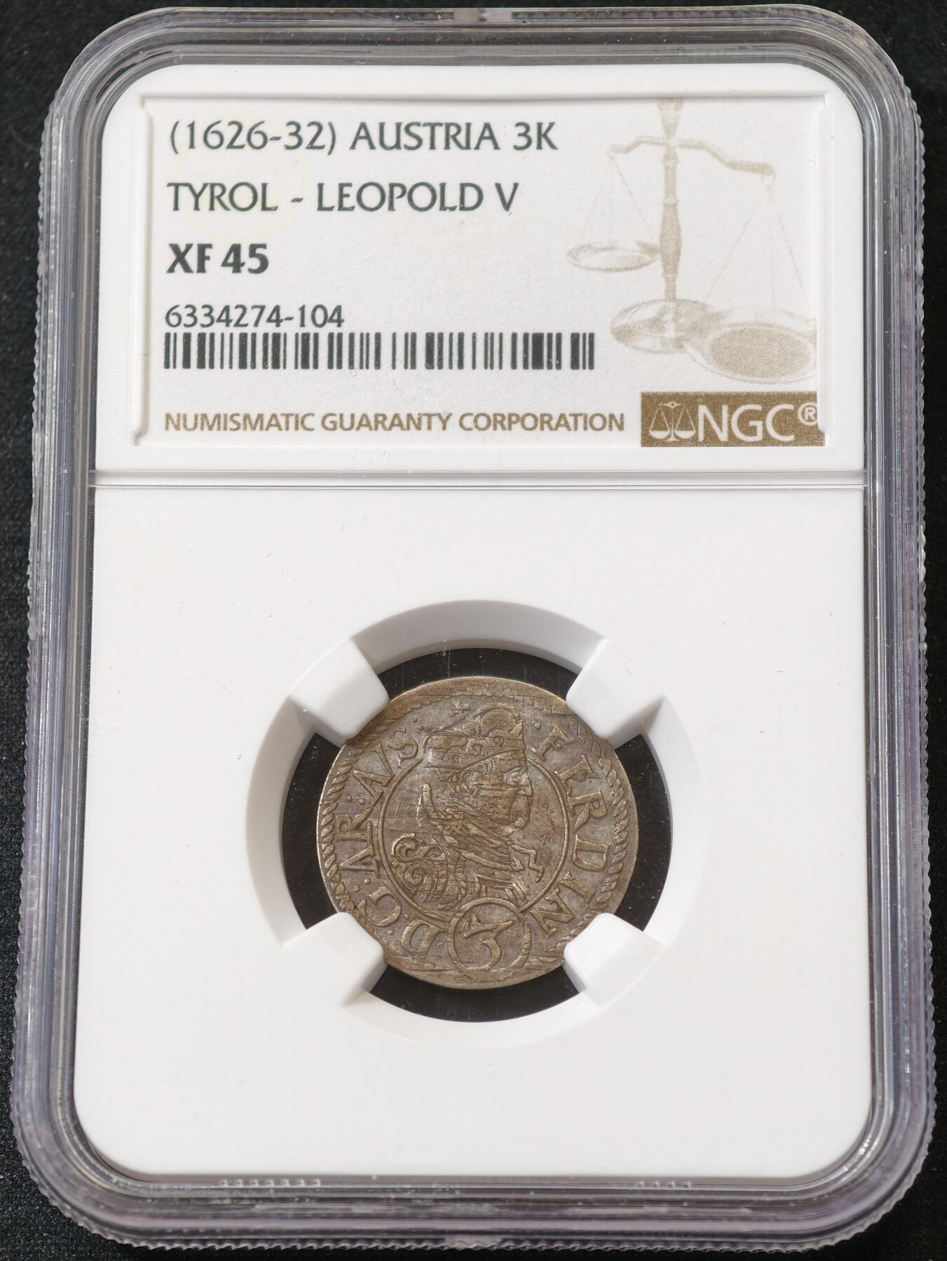 甄臻铺-世界币章拍卖（第59期），甄品场拍品征集中，送拍享返佣金等优惠多多 NGC-XF45 奥地利 1626-32年 哈布斯堡王朝奥地利大公 利奥波德五世 蒂罗尔伯爵  3K银币 神罗晚期历史实物见证，N亚军分。
