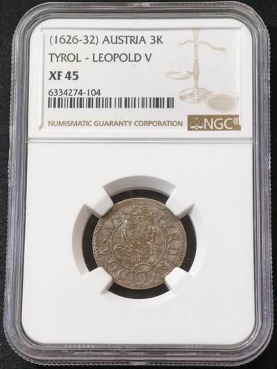 甄臻铺-世界币章拍卖（第59期），甄品场拍品征集中，送拍享返佣金等优惠多多 - NGC-XF45 奥地利 1626-32年 哈布斯堡王朝奥地利大公 利奥波德五世 蒂罗尔伯爵  3K银币 神罗晚期历史实物见证，N亚军分。