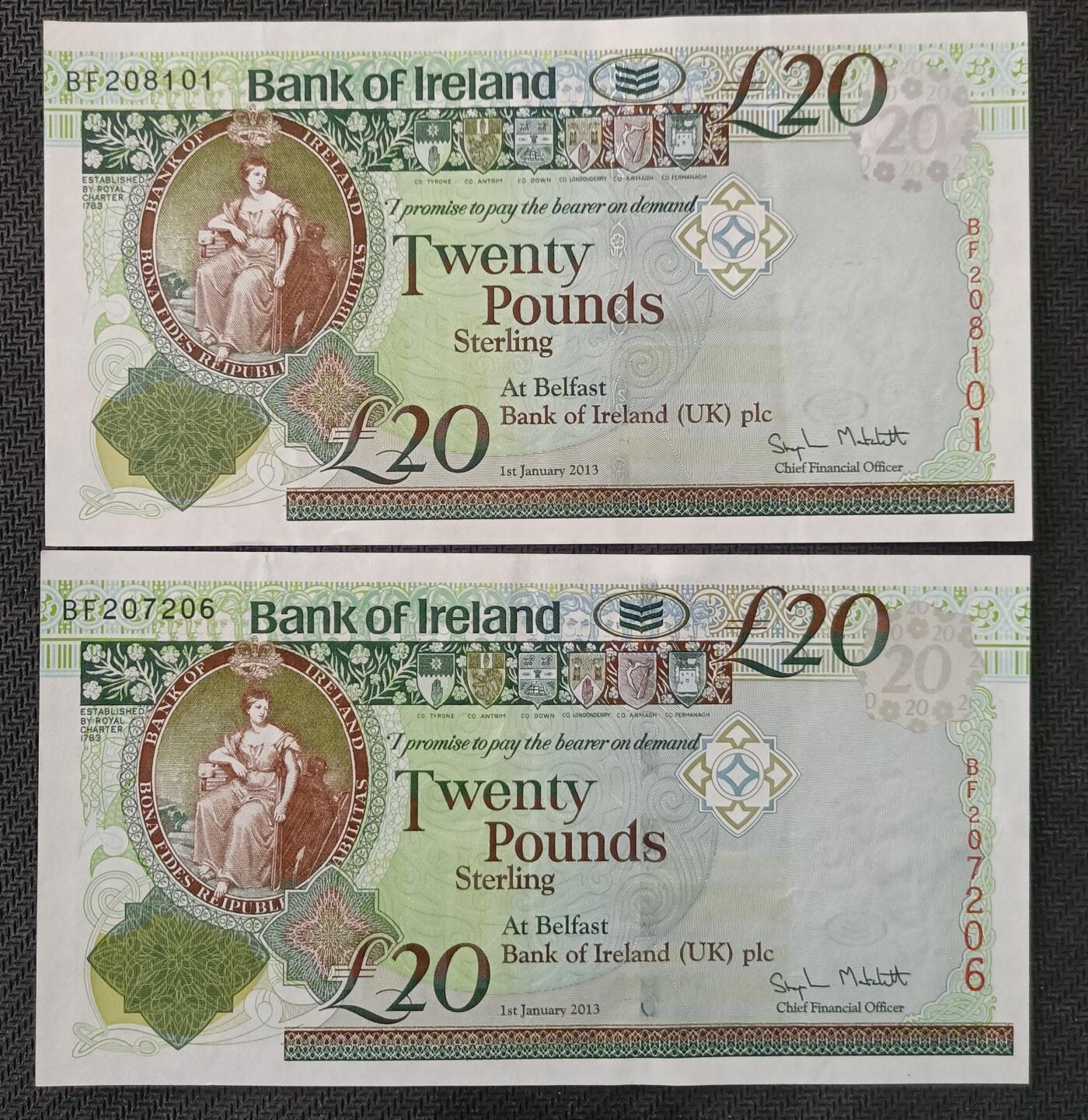 【游宝包邮场】丙午马年第21期 首季收官场 北爱尔兰20镑 2张 2013年 其中一张朦胧号 UNC-/AU- 有软折