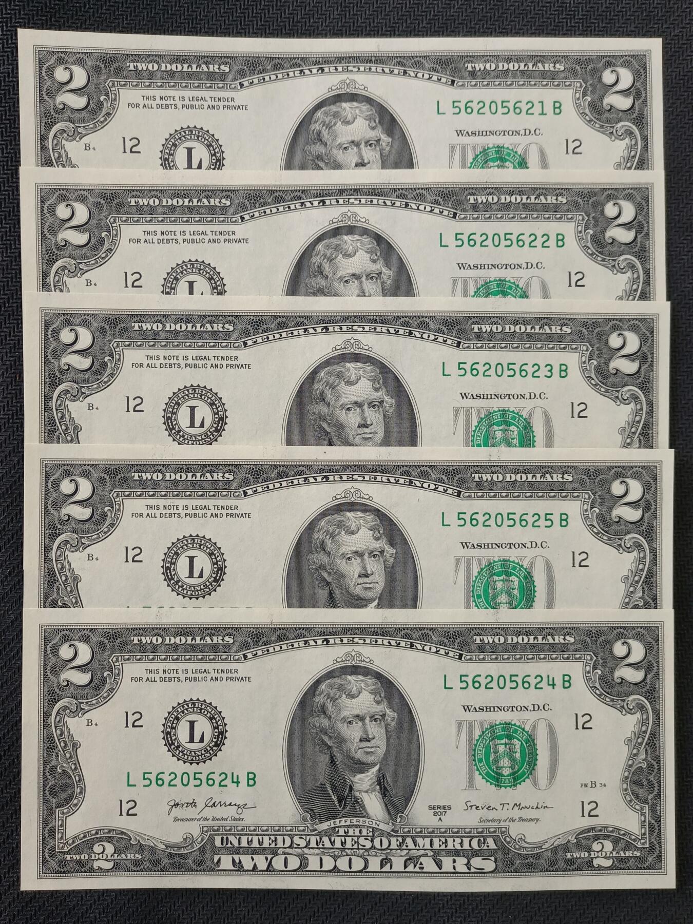 【游宝包邮场】丙午马年第21期 首季收官场 美国2美元 五连号 无47钻石号 56205621~625 全新UNC