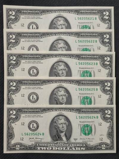 【游宝包邮场】丙午马年第21期 首季收官场 - 美国2美元 五连号 无47钻石号 56205621~625 全新UNC