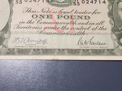 4月9号晚上8点 中外纸币自动截拍第53场 - 澳大利亚1镑 签名2 美品