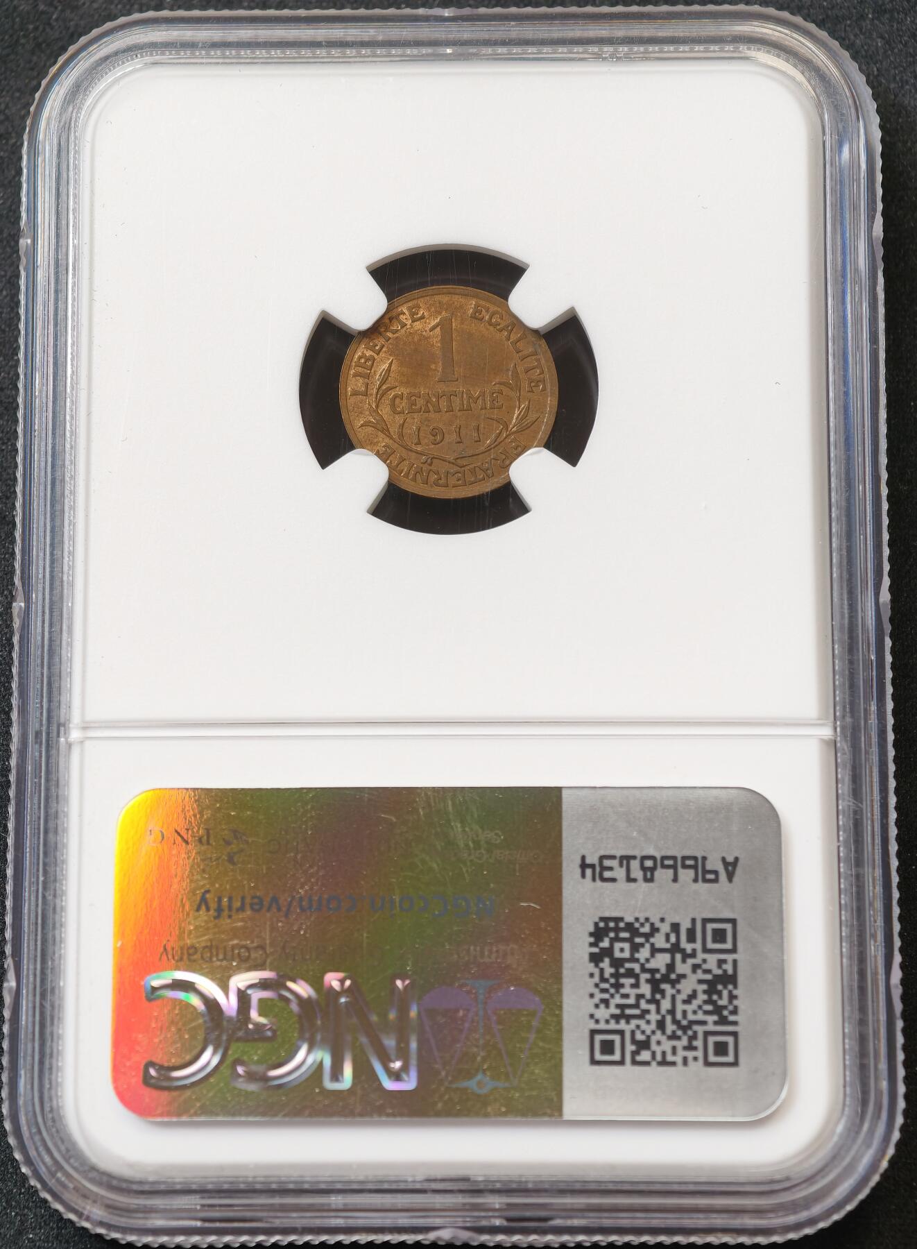 甄臻铺-世界币章拍卖（第59期），甄品场拍品征集中，送拍享返佣金等优惠多多 NGC-MS64BN 法国 1911年 1分 铜币