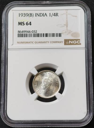 甄臻铺-世界币章拍卖（第59期），甄品场拍品征集中，送拍享返佣金等优惠多多 - NGC-MS64 1939年乔治六世1/4卢比
