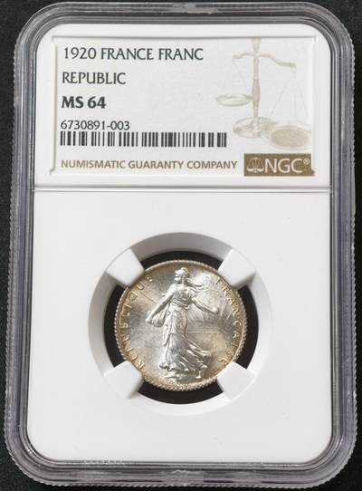 甄臻铺-世界币章拍卖（第59期），甄品场拍品征集中，送拍享返佣金等优惠多多 - NGC-MS64 法国 1920年 1法郎 银币 转光强烈