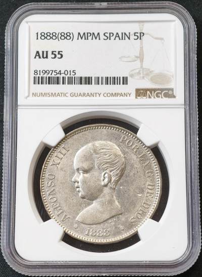 甄臻铺-世界币章拍卖（第59期），甄品场拍品征集中，送拍享返佣金等优惠多多 - NGC-AU55 1888年西班牙婴儿头5比塞塔，尤其背面双柱，状态不错