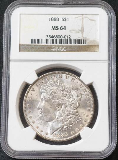甄臻铺-世界币章拍卖（第59期），甄品场拍品征集中，送拍享返佣金等优惠多多 - NGC-MS64 美国1888年摩根，老盒子严评，状态极佳