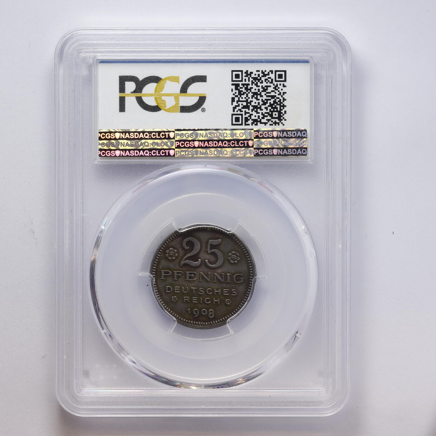 观钱 近现代机制币拍卖No.008（全场顺丰包邮，不区分偏远地区）  1908年德国25芬尼银样币 PCGS SP62 仅两个记录 。光边。银币。直径22.40毫米，重量4.18克。德国样币目录Schaaf18/G 27号；Beckenbauer收藏目录参见3157页 珍惜度r  非常稀少！非镀银 镀镍版本可比 10多年前德国集藏拍卖中裸币成交价3000，德意志帝国钱币收藏中不可或缺的一枚。