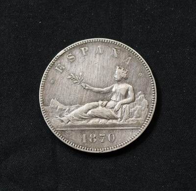 甄臻铺-世界币章拍卖（第59期），甄品场拍品征集中，送拍享返佣金等优惠多多 - 1870年 西班牙 双柱临时政府拿花女神 5比塞塔 大银币，AU细节很难得