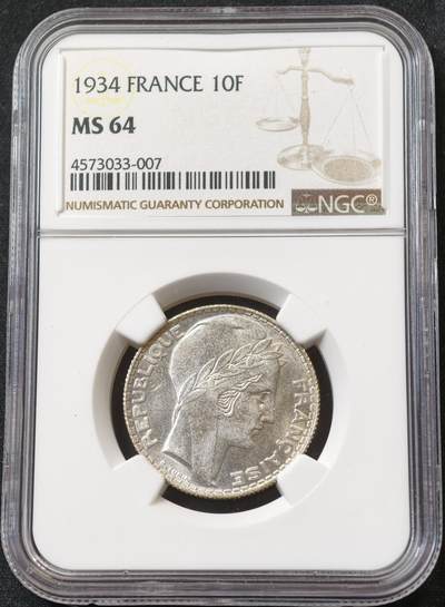 甄臻铺-世界币章拍卖（第59期），甄品场拍品征集中，送拍享返佣金等优惠多多 - NGC-MS64 1934年法国10法郎，状态极佳