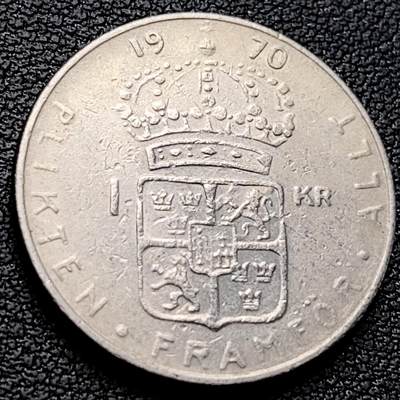 泉币菌-第223场-拍品多 请提前出价(工作原因  发货比较迟缓 已在拍卖规则里面说明 望理解) - 瑞典1970年1克朗铜镍币，古斯塔夫六世国王，25mm