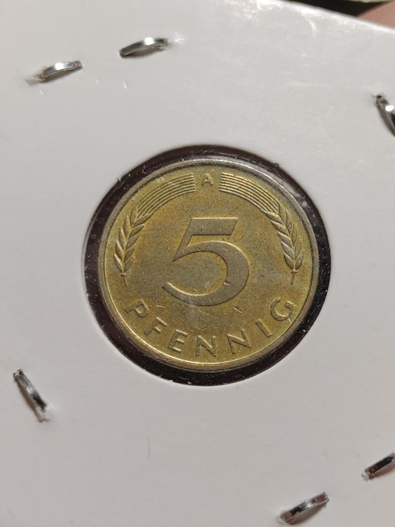 2026年第四十二场(总第二百一十一场）外国好品散币场(佣金3%) 纸夹币–德国🇩🇪1980年10芬尼(J标汉堡造)，1977、1982年10芬尼(D标慕尼黑造)，1991年5芬尼(A标柏林造)，1959年1芬尼(D标慕尼黑造)共五枚