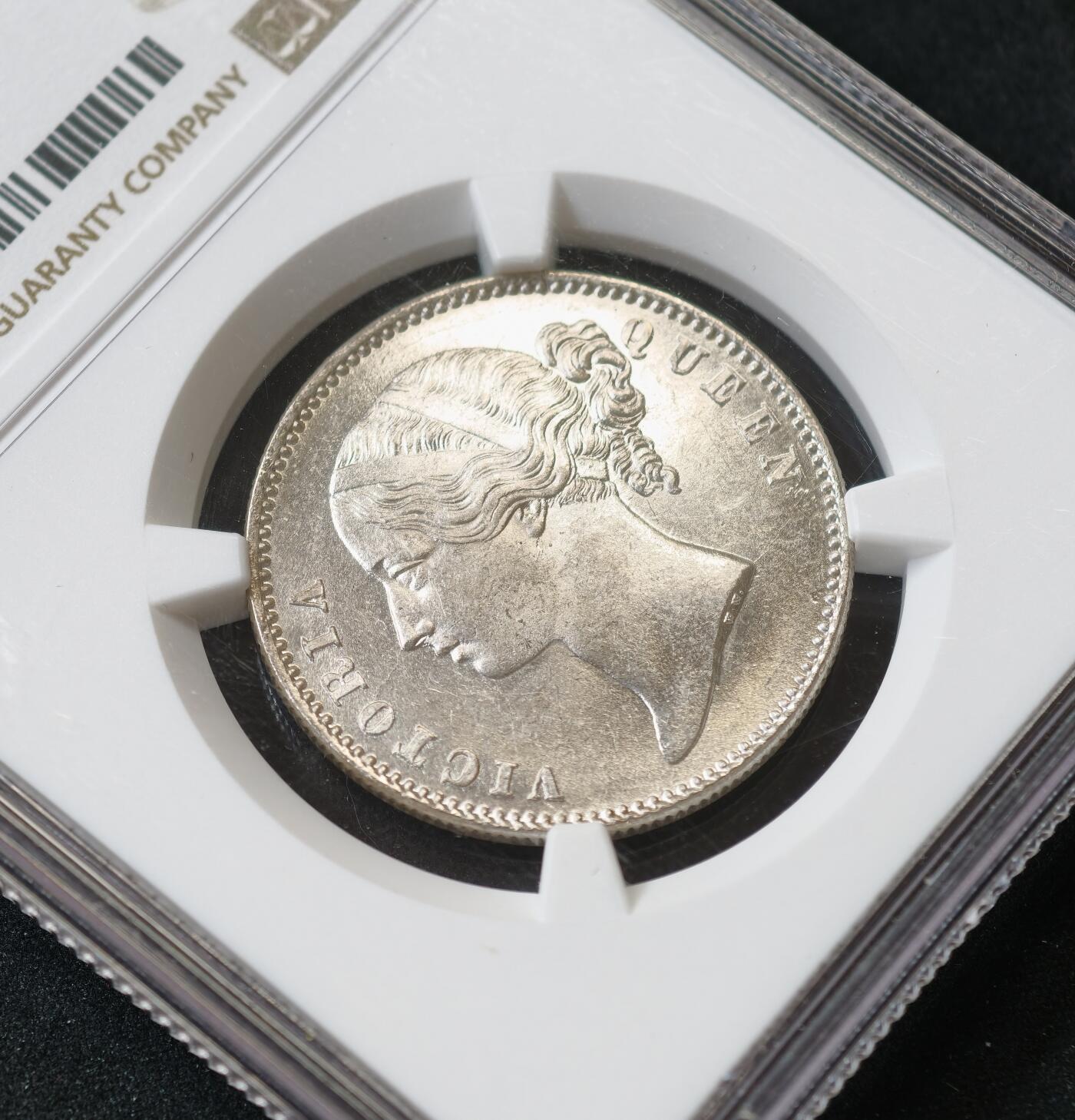 甄臻铺-世界币章拍卖（第59期），甄品场拍品征集中，送拍享返佣金等优惠多多 NGC-MS63 英属印度 1840年 双辫版卢比 银币 原光强烈 低评状态