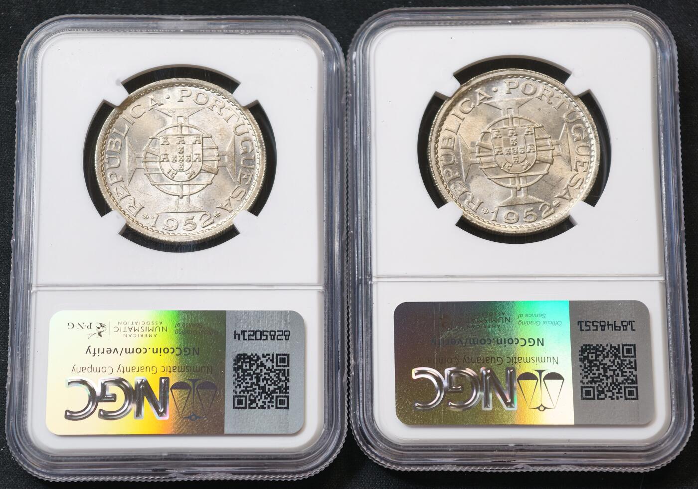 甄臻铺-世界币章拍卖（第59期），甄品场拍品征集中，送拍享返佣金等优惠多多 NGC-MS65 1952年澳门首发五圆，卷拆，两枚一组