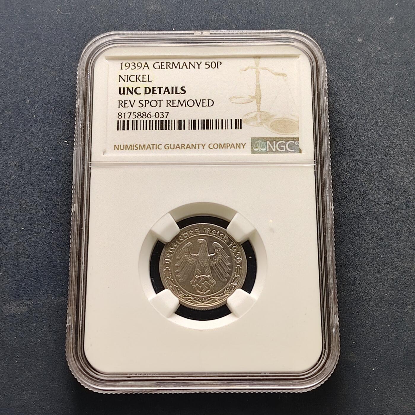 【全场包邮】纯粹捡漏拍519场 德国第三帝国1939年50芬尼A厂镍版-NGC UNC DETAILS