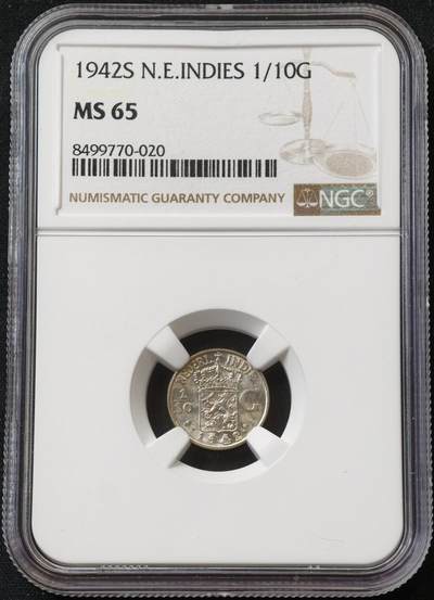 甄臻铺-世界币章拍卖（第59期），甄品场拍品征集中，送拍享返佣金等优惠多多 - NGC-MS65 1942年荷属东印度1/10盾，卷拆品相，顶级分数