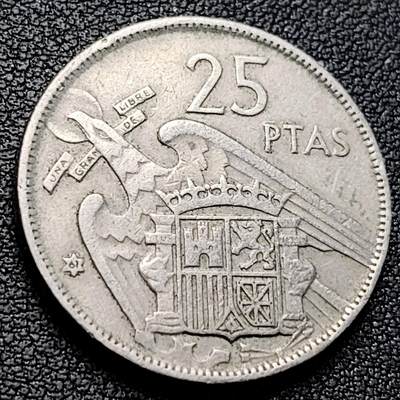 泉币菌-第223场-拍品多 请提前出价(工作原因  发货比较迟缓 已在拍卖规则里面说明 望理解) -  西班牙1957年25比萨塔 佛朗哥 铜镍币 26.5mm 