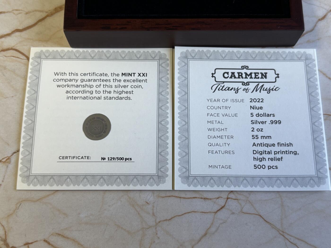 第197期拍卖 纽埃2022年比才歌剧《卡门》2盎司仿古纪念彩银币，999银，发行500枚