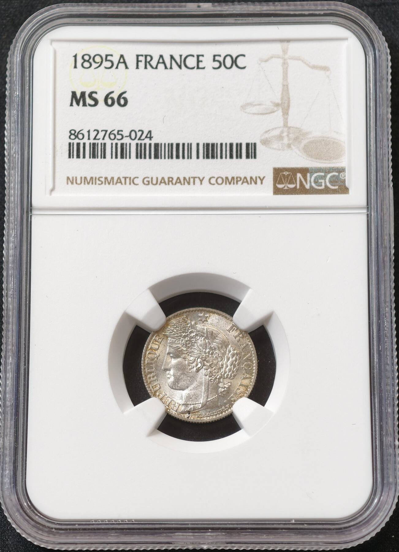 甄臻铺-世界币章拍卖（第59期），甄品场拍品征集中，送拍享返佣金等优惠多多 NGC-MS66 法国 1895年 50分 银币 冠军分一步到位