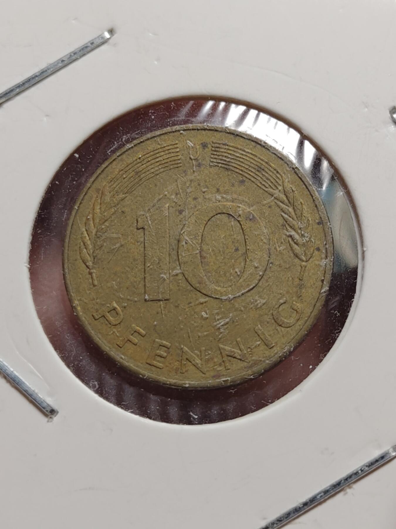 2026年第四十二场(总第二百一十一场）外国好品散币场(佣金3%) 纸夹币–德国🇩🇪1980年10芬尼(J标汉堡造)，1977、1982年10芬尼(D标慕尼黑造)，1991年5芬尼(A标柏林造)，1959年1芬尼(D标慕尼黑造)共五枚