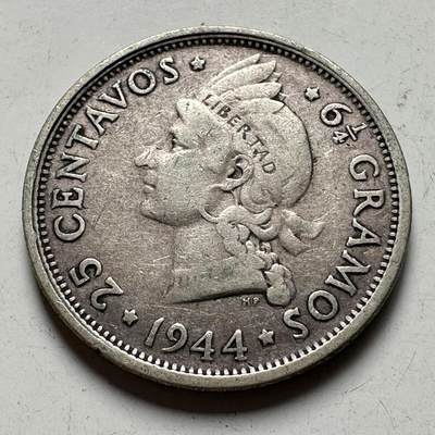 🌹外币初藏🌹🐯2026年第40场   每周二四六晚8️⃣点 世界钱币 - 多米尼加 1944年 25分银币 6.25克-24.5毫米-90%银