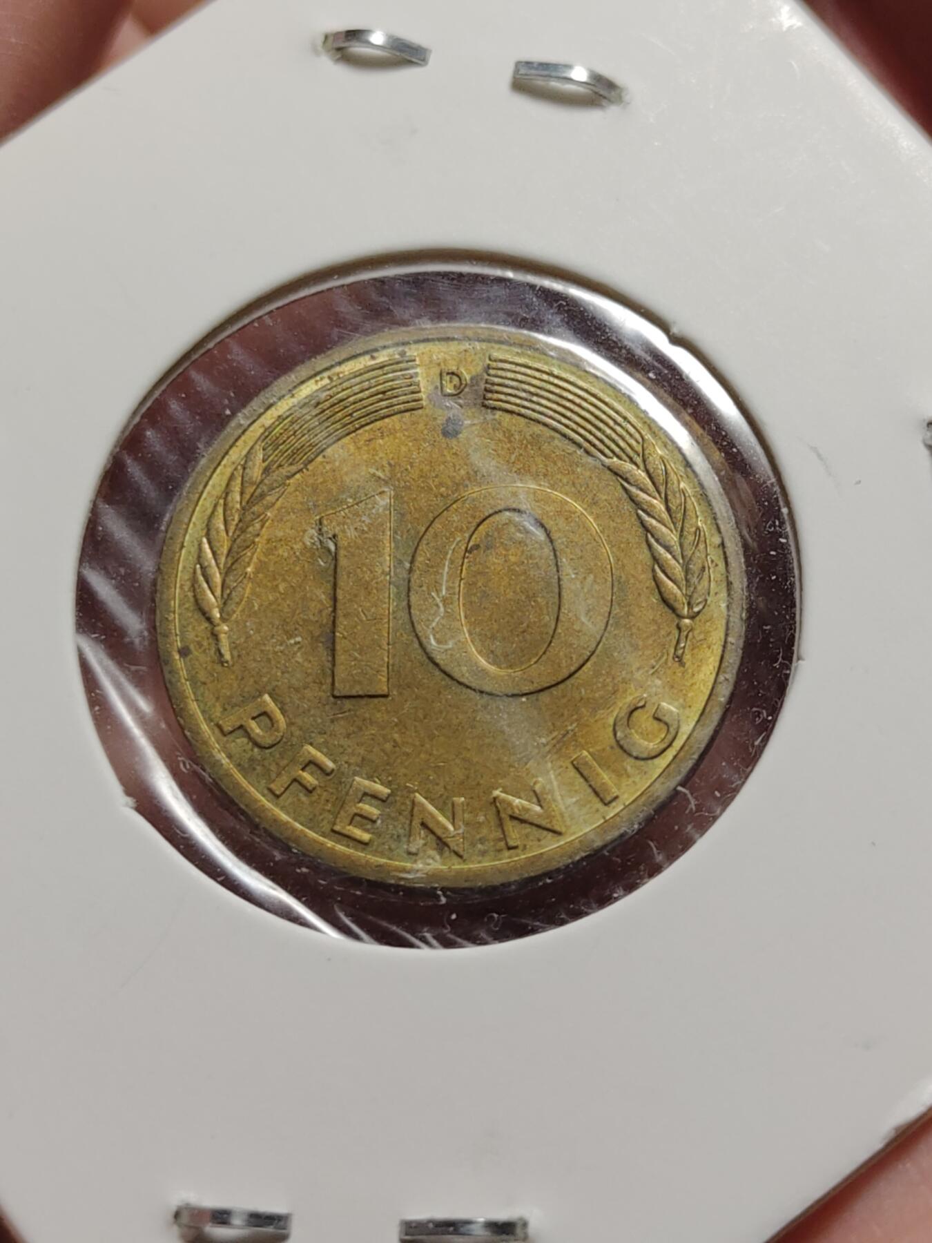 2026年第四十二场(总第二百一十一场）外国好品散币场(佣金3%) 纸夹币–德国🇩🇪1980年10芬尼(J标汉堡造)，1977、1982年10芬尼(D标慕尼黑造)，1991年5芬尼(A标柏林造)，1959年1芬尼(D标慕尼黑造)共五枚