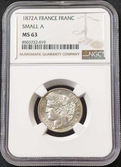 甄臻铺-世界币章拍卖（第59期），甄品场拍品征集中，送拍享返佣金等优惠多多 - NGC-MS63 法国 1872年 1法郎 银币 略微PL感