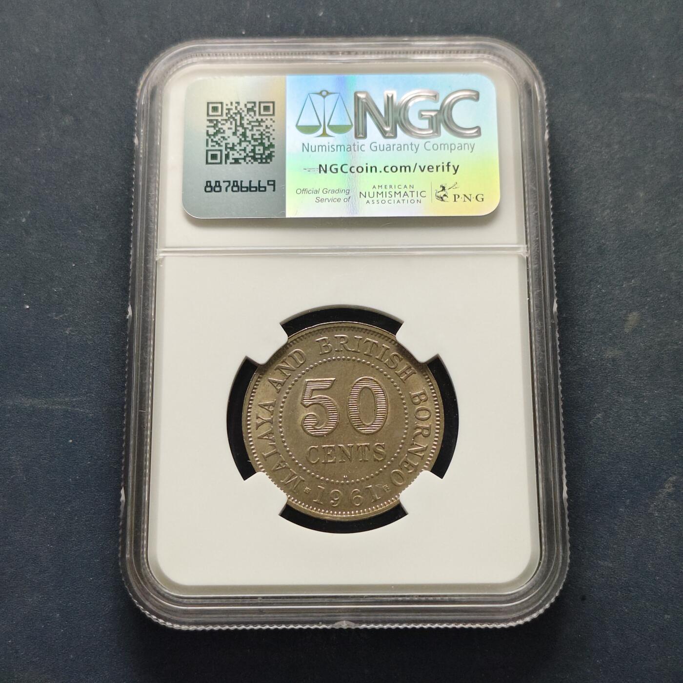 【全场包邮】纯粹捡漏拍519场 马来亚和英属北婆罗洲1961年喜敦版女王50分-NGC MS62