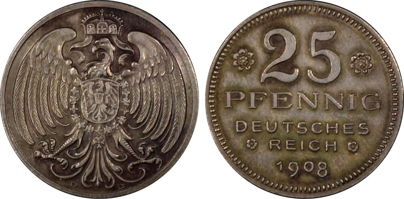 观钱 近现代机制币拍卖No.008（全场顺丰包邮，不区分偏远地区）  1908年德国25芬尼银样币 PCGS SP62 仅两个记录 。光边。银币。直径22.40毫米，重量4.18克。德国样币目录Schaaf18/G 27号；Beckenbauer收藏目录参见3157页 珍惜度r  非常稀少！非镀银 镀镍版本可比 10多年前德国集藏拍卖中裸币成交价3000，德意志帝国钱币收藏中不可或缺的一枚。
